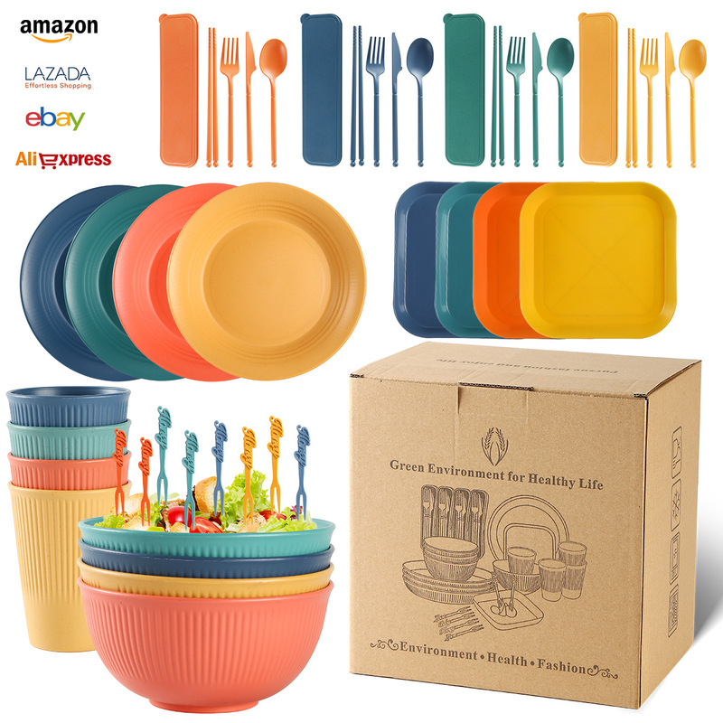 Amazon Wheat Straw Tableware suit Household Hat Dinner Plate Bowl Fruit Fork Portable Knife Fork Spoon Chopsticks suit