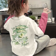 100%纯棉女童长袖体恤2025早秋新款宝宝卡通印花拼接撞色打底上衣