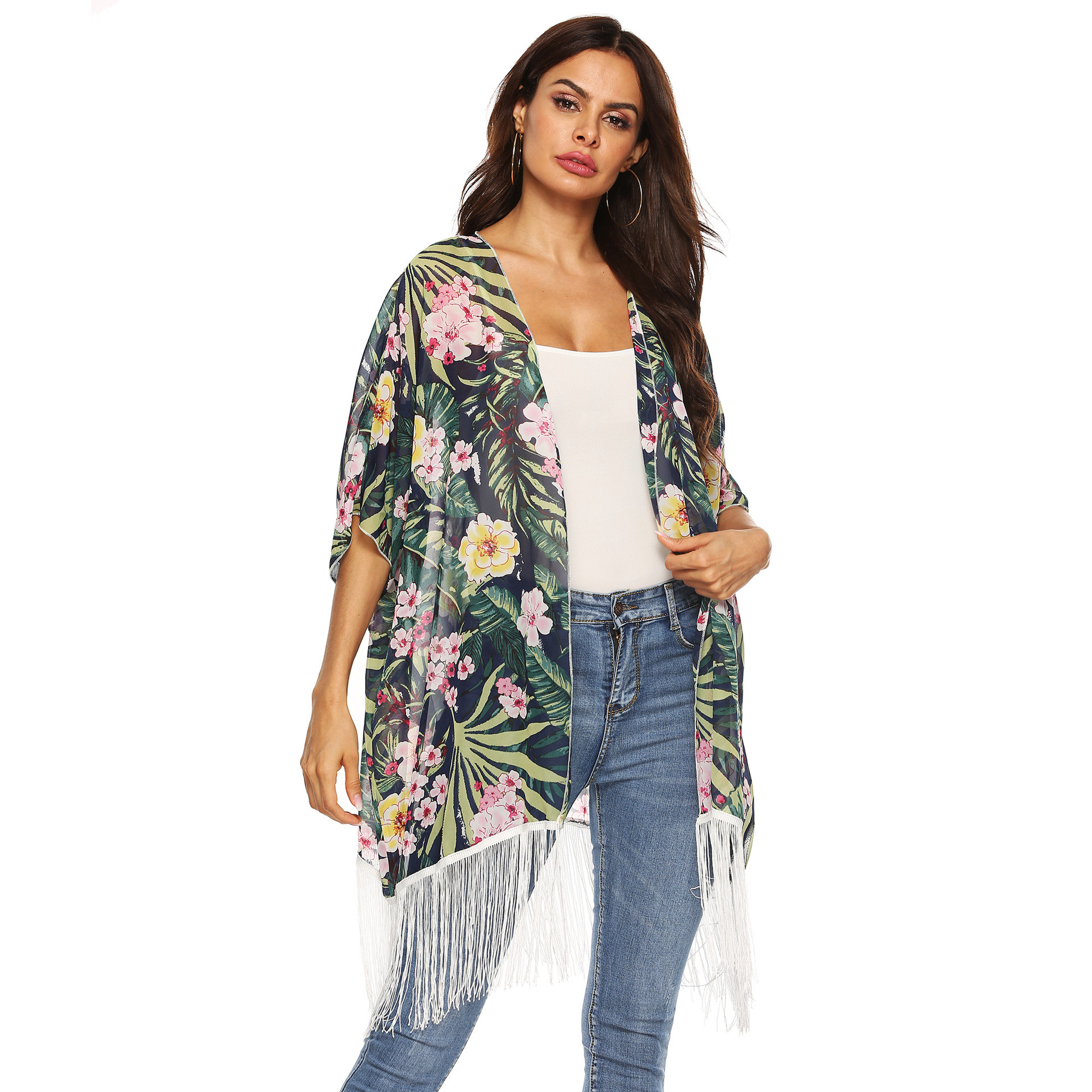 Plant flower printing irregular loose long tassel stitching cardigan NSOY59416