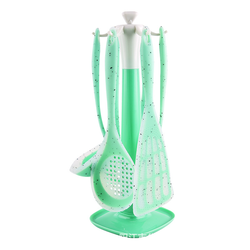 Utensilios de cocina transfronterizos de puntos de color, espátula de silicona semipermeable, soporte de almacenamiento de siete piezas de silicona, colador de pala de silicona en stock