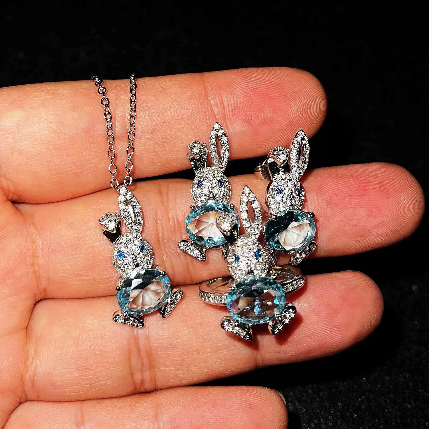 Organic earrings, cute pendant, rabbit, ring, micro incrustation, diamond encrusted