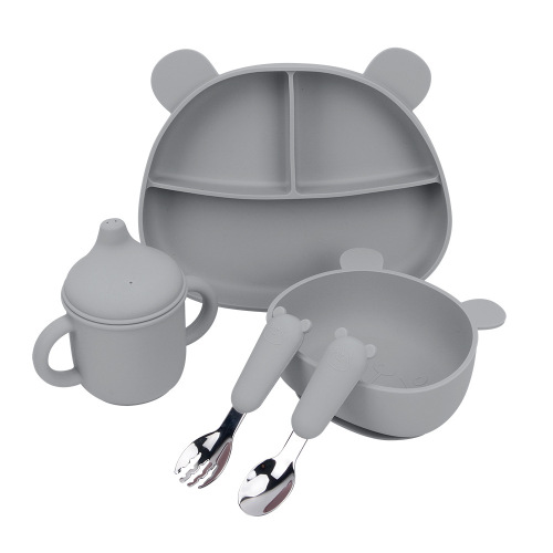 Cartoon bear children's tableware silicone spoon and fork set Baby short handle 316 stainless steel fork and spoon set