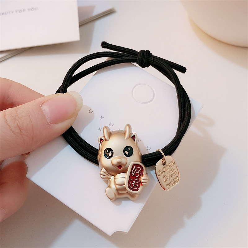 Año del Dragón Zodiaco de alta sensación metal rojo Año Nuevo anillo de cabello de alta altura cuerda elástica cuerda de cabello festiva adornos para el cabello