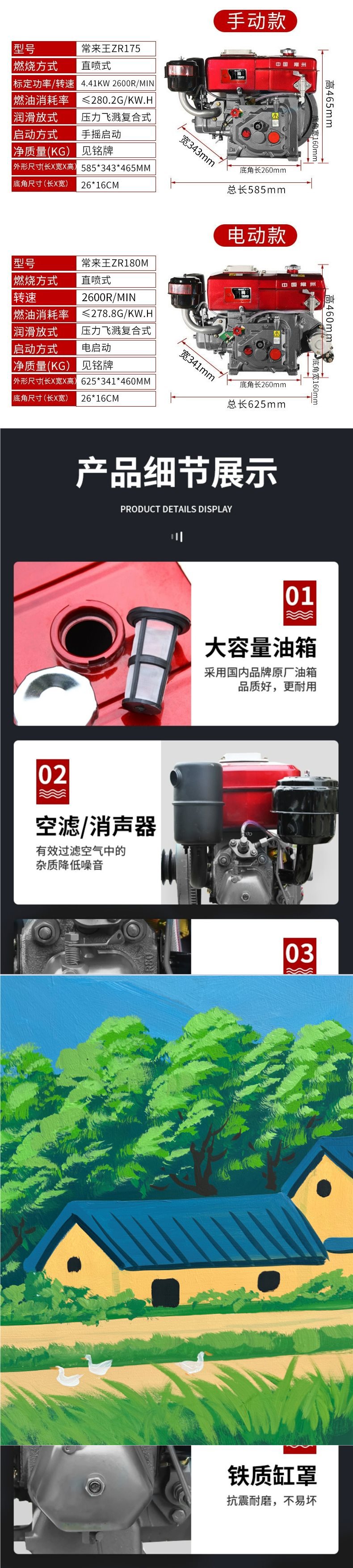 Changzhou Single-Cylinder Diesel Engine 175R180R190 Water-Cooled 6/8 Horsepower Small Agricultural Engine with Manual Electric Start