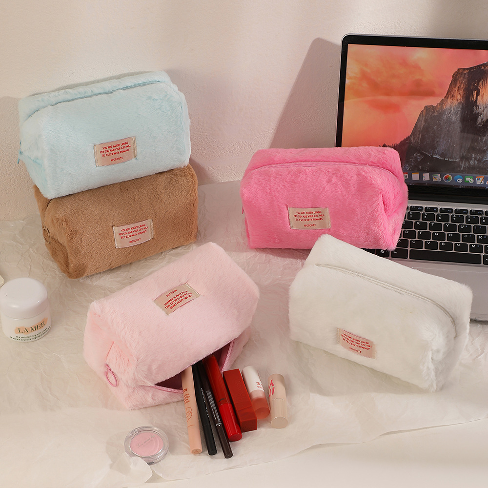 Winter plush solid color capacious cosmetic bag