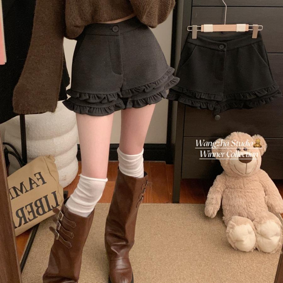 Woolen Plus-Size Wide-Leg Shorts for Women, Autumn and Winter New High-Waisted Slimming Ruffled Petite Casual Pants