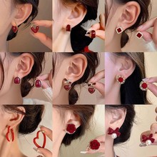 合集~安可拉红耳钉耳夹酒红秋冬耳饰新年滴釉植绒简约高级感