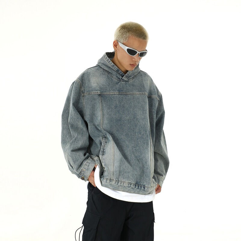 Heavyweight Retro Washed Hooded Denim Jacket Unisex Trendy Niche Couple Versatile Loose Casual Pullover Sweatshirt