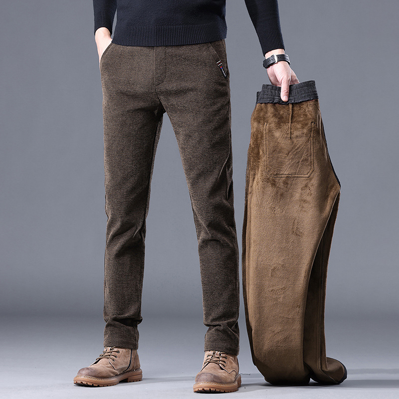 Otoño e invierno pantalones casuales antiarrugas de los hombres de fácil cuidado slim fit pantalones de los hombres chenille forrado de lana engrosada pequeños pantalones rectos niños