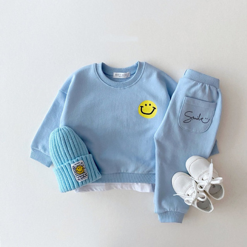 2024 Spring and Autumn Season Unisex Baby and Toddler Cotton Set with Smiling Design Loose Sweatshirt and Sweatpants Two-Piece Set