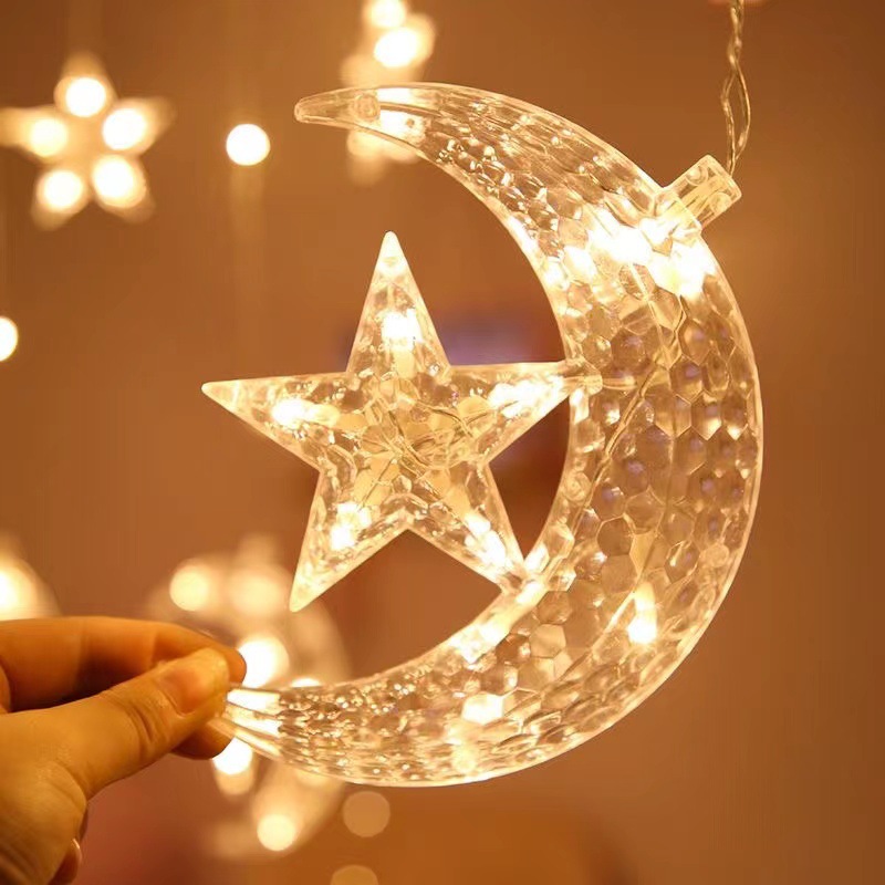 Suministro directo de fábrica LED Cadena de luz Luna celebración estrella cortina luz vacaciones habitación diseño decorativo luz estrellada cielo plug-in color luz