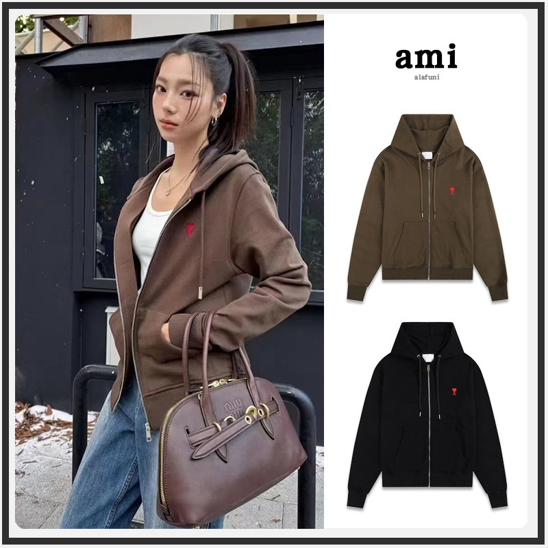 Cross-border! ami zip-up hooded 2026 new sweatshirt trendy brand heart embroidery sports top cardigan jacket for women