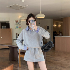 2025秋季新款大码女运动休闲风polo领格子拼接卫衣半身裙两件套装