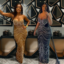 CY901322欧美外贸 亚马逊吊带烫钻 泡珠 晚礼服性感连衣裙长裙女