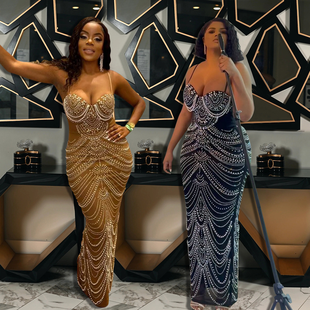 CY901322欧美外贸 亚马逊吊带烫钻 泡珠 晚礼服性感连衣裙长裙女