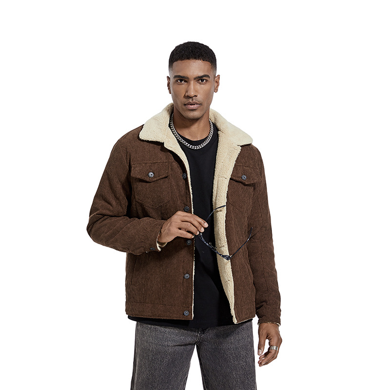 Men's outerwear winter slim fit flip collar thickened corduroy jacket youth men's top_voghion.com