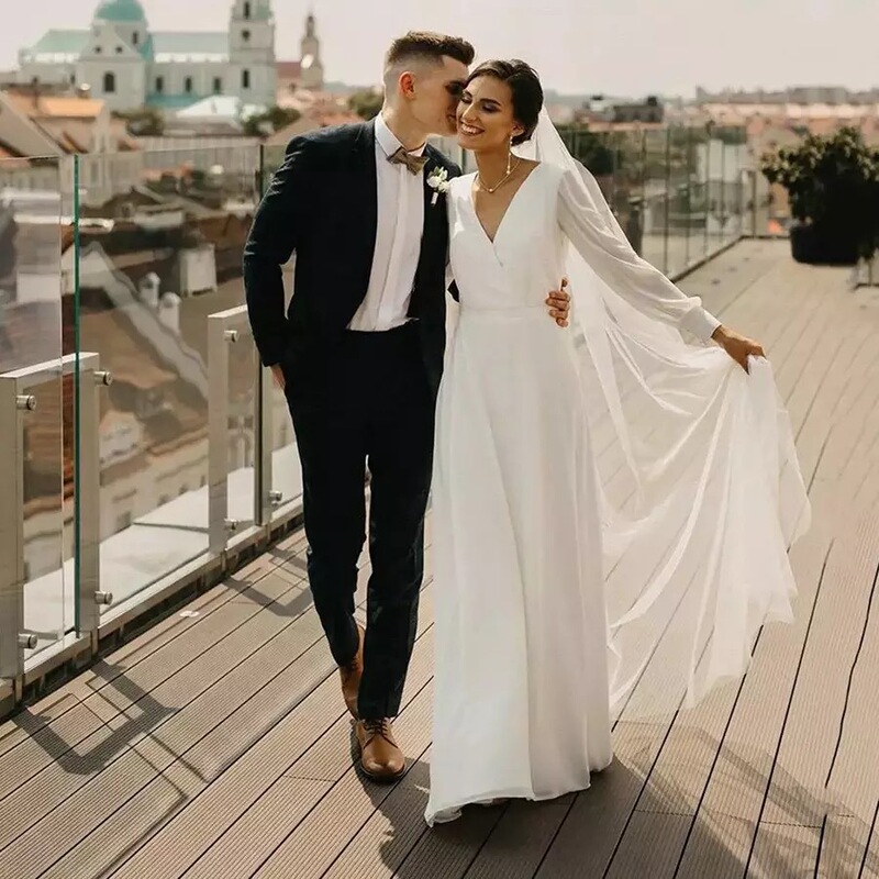 Amazon European and American simple A series chiffon wedding dress V-neck long sleeve wedding dress simple travel photography Amazon European and American simple A series chiffon wedding dress V-neck long sleeve wedding dress simple travel photography
