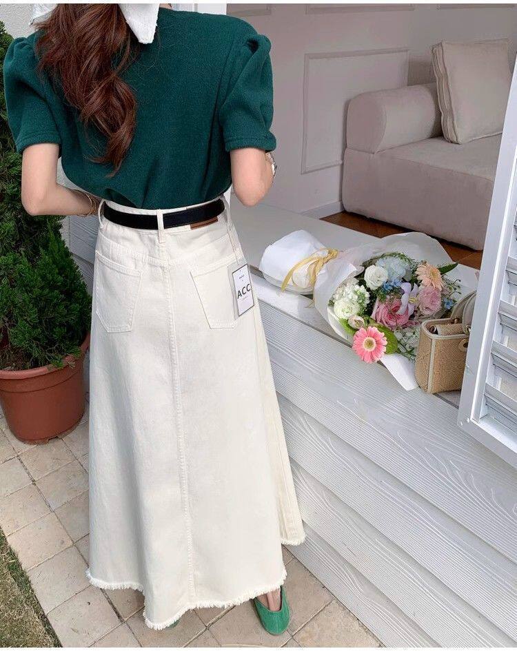 Chân váy denim nữ cạp cao dáng chữ A đuôi cá dài trung bình viền xù — Màu trắng nhạt (chất lượng cao) chi tiết 10