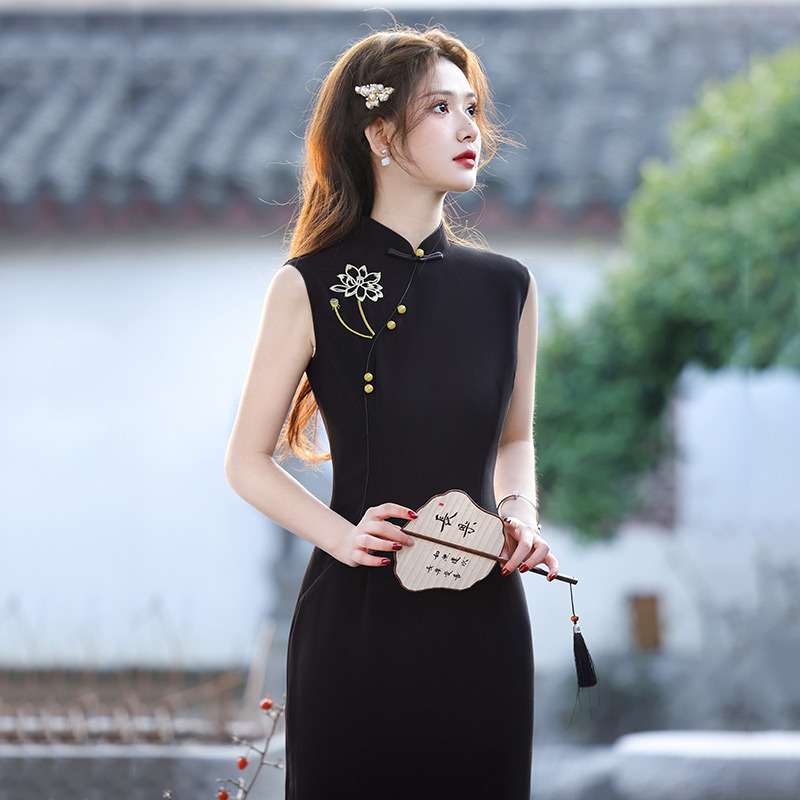 Black long lightweight retro summer cheongsam sleevless