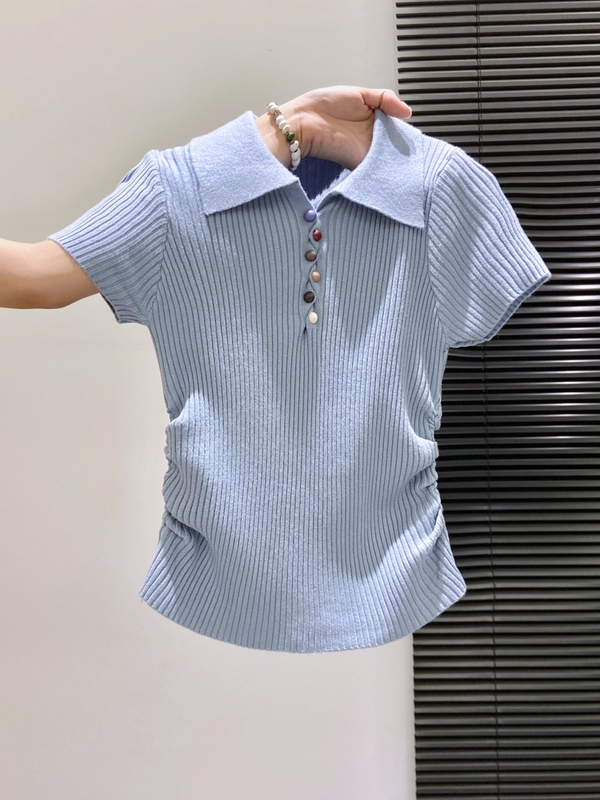 蓝色polo领正肩短袖针织衫女夏季设计感收腰显瘦翻领短款别致上衣|undefined