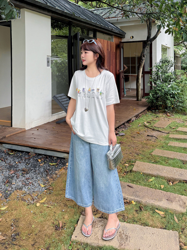 Aiyuan 2025 夏新作プラスサイズ婦人服ファットシスター 100kg かわいいパッチ半袖 T シャツ W-213|undefined