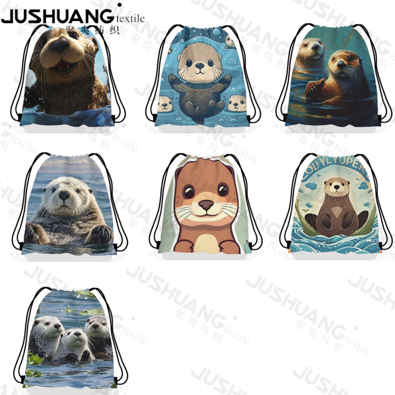 海獭双肩抽绳背包袋子  海獭派对便携收纳袋涤纶手提抽绳袋束口袋