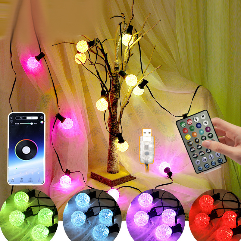 Nuevas luces LED de cadena con Bluetooth, luces de camping con forma de bola de piña de colores, luces decorativas para vacaciones con luces de colores, luces navideñas de cadena