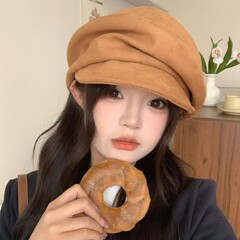 日系复古麂皮绒褶皱贝雷帽女大头围云朵八角帽显脸小画家帽子均码