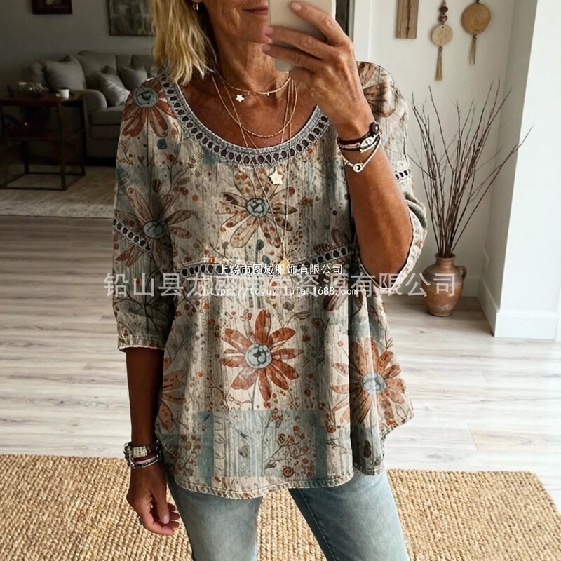 New Amazon Cross-Border Bohemian Retro Ethnic Style Women's Digital Print Round Neck Long-Sleeved Top New Amazon Cross-Border Bohemian Retro Ethnic Style Women's Digital Print Round Neck Long-Sleeved Top