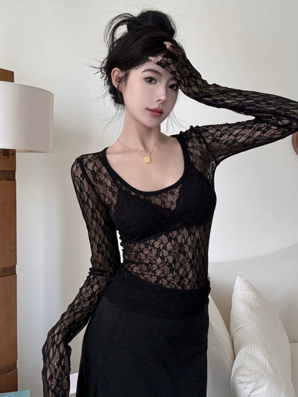 Кружевной топ U-образный (Hot Girl Xi) ретро крючковая эластичная длинный рукав, двусторонний, one size
