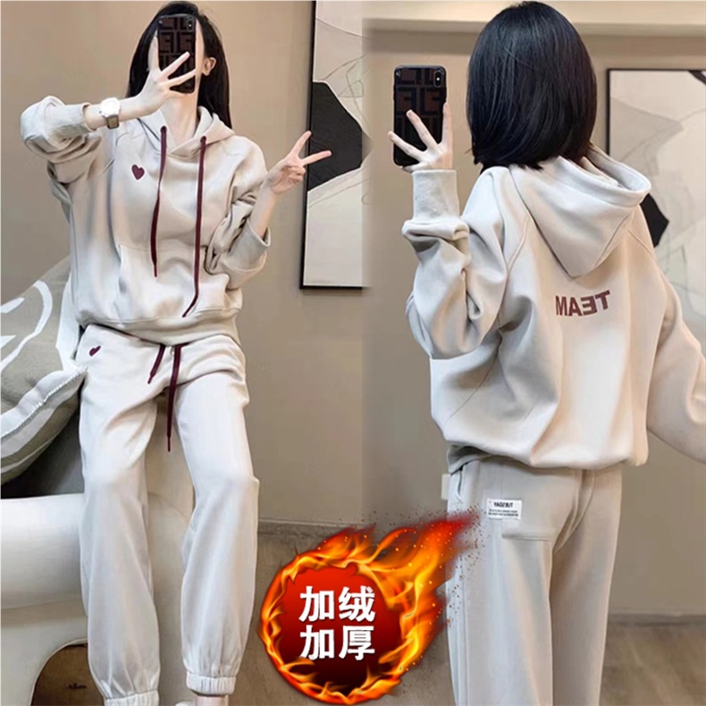 ActiveGo Salt Style Hooded Sweatshirt Casual Sports For Women, Autumn And Winter Fleece-Lined New Fashionable Slimming Two-Piece_desvips.com