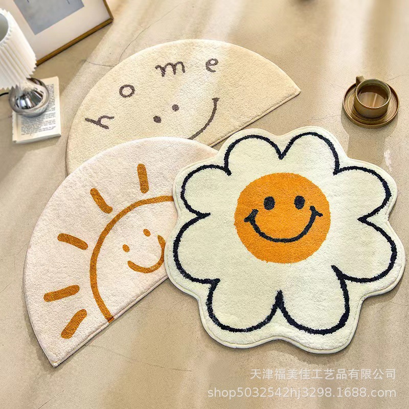 Simple Smiley Imitation Cashmere Floor Mat Bathroom Plush Absorbent Foot Mat Bedroom Foot Step Cool Bedside Blanket for Hair