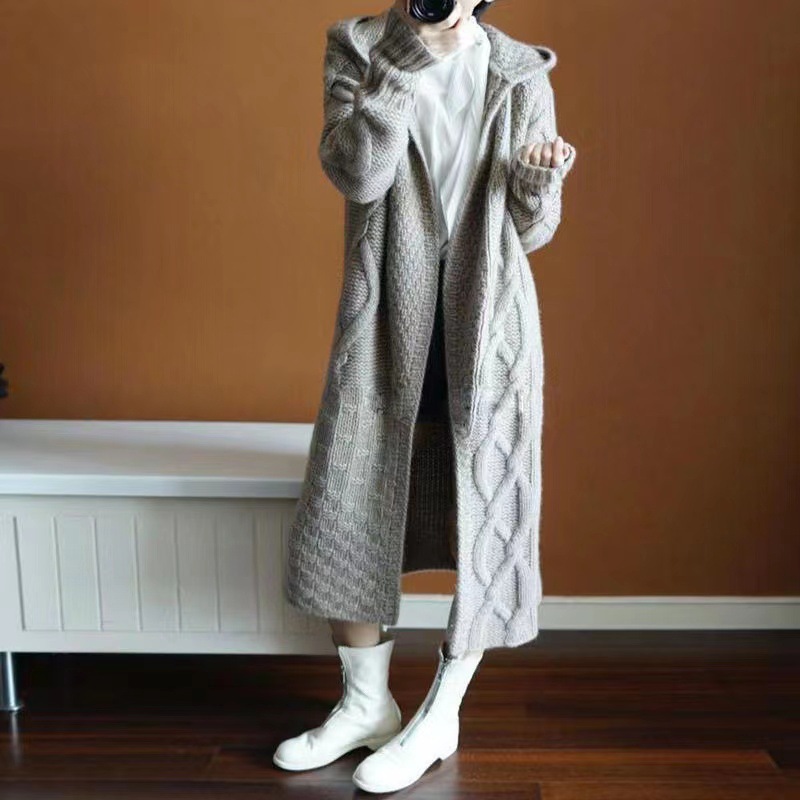 Women's Clothing sweater jacket women's medium and long lazy style loose cardigan twist thick sweater jacket_voghion.com