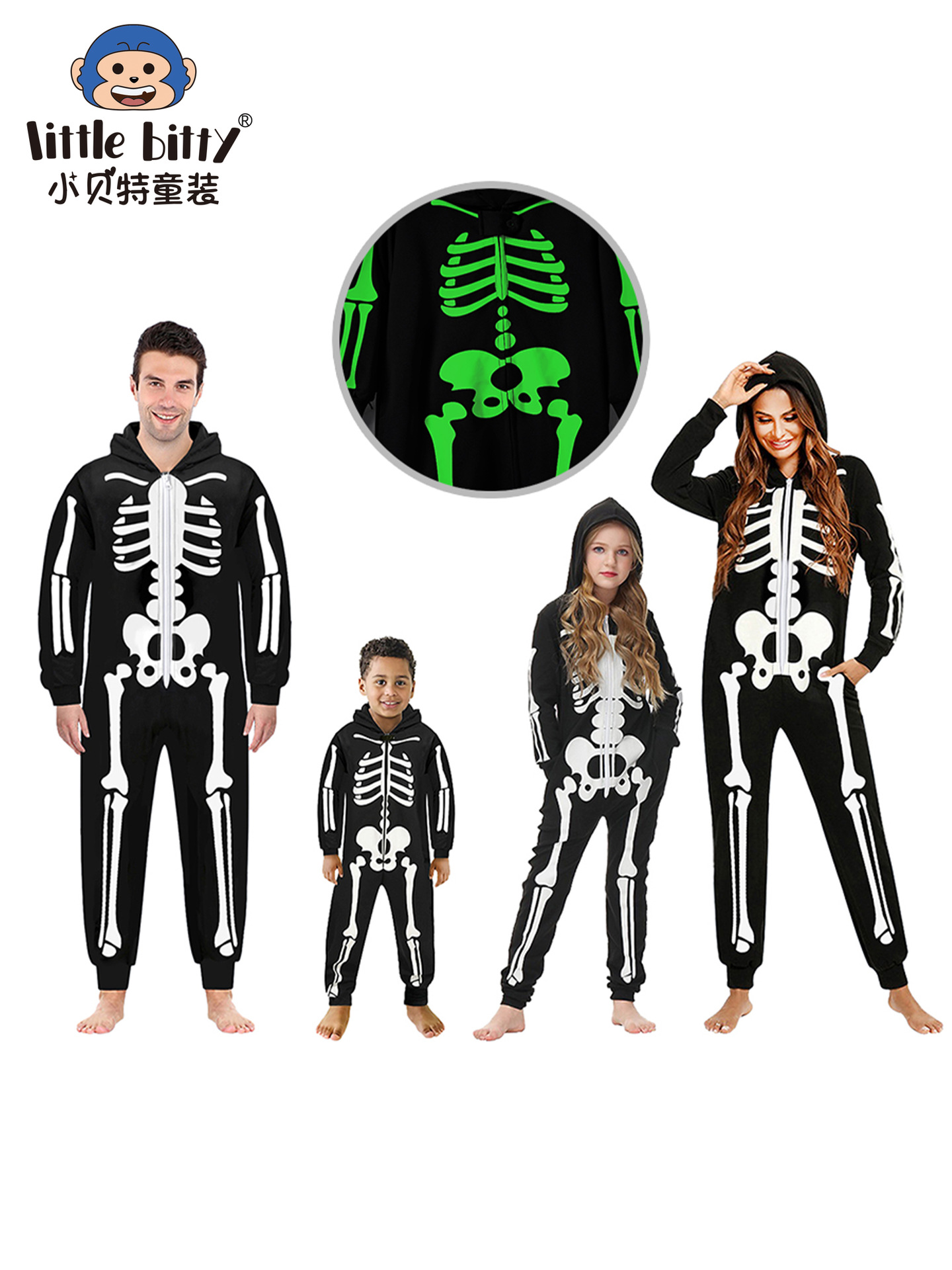 European and American Halloween New Printed Jumpsuit Pajamas for Parents and Children, Boys and Girls, Luminous Skeleton Print Cross-Border Supply