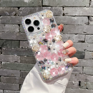 满钻渐变花朵适用苹果17手机壳iPhone16promax镶钻14奢华15保护套