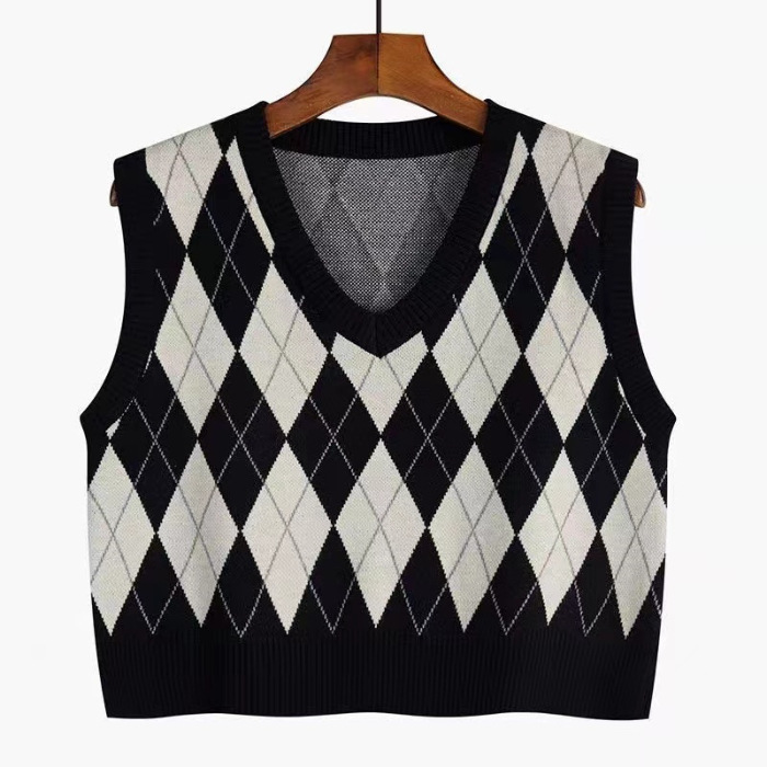 Loose pullover Rhombus chaleco desgaste exterior de las mujeres primavera y otoño 2023 nuevo retro apilados punto Chaleco corto