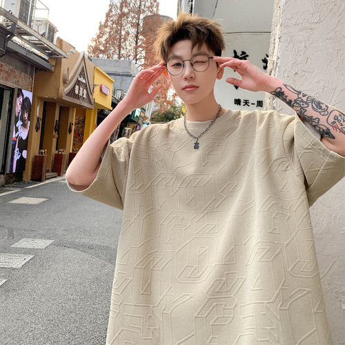 Men's Summer Trendy Semi-Sleeve Loose Casual High-End Brocade Letter T-Shirt