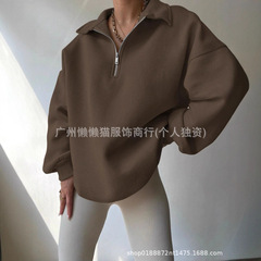 2025新款亚马逊春秋新款女式纯色宽松半拉链开襟长袖简约休闲卫衣
