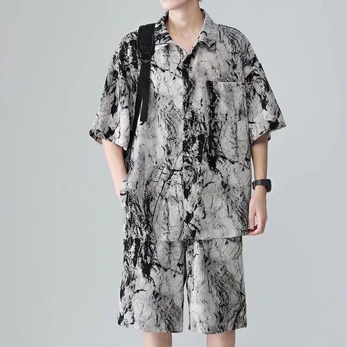 Water-based tie-dye floral men's short-sleeve summer design ice silk blouse, new China style men's clothing set