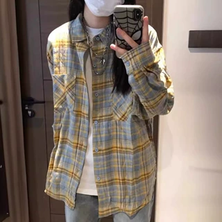 韩版翻领POLO领情侣同款设计感甜美清新衬衫女士格子衬衣长袖外套