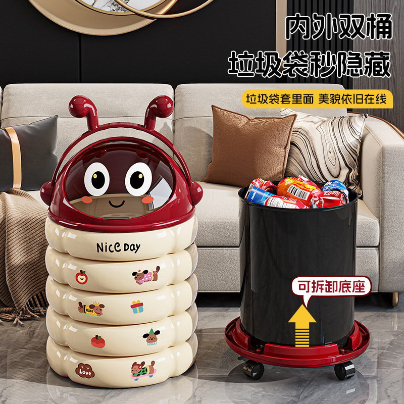 Cartoon caterpillar trash can with wheels, movable sliding lid, dual compartments, large capacity for living room and bedroom