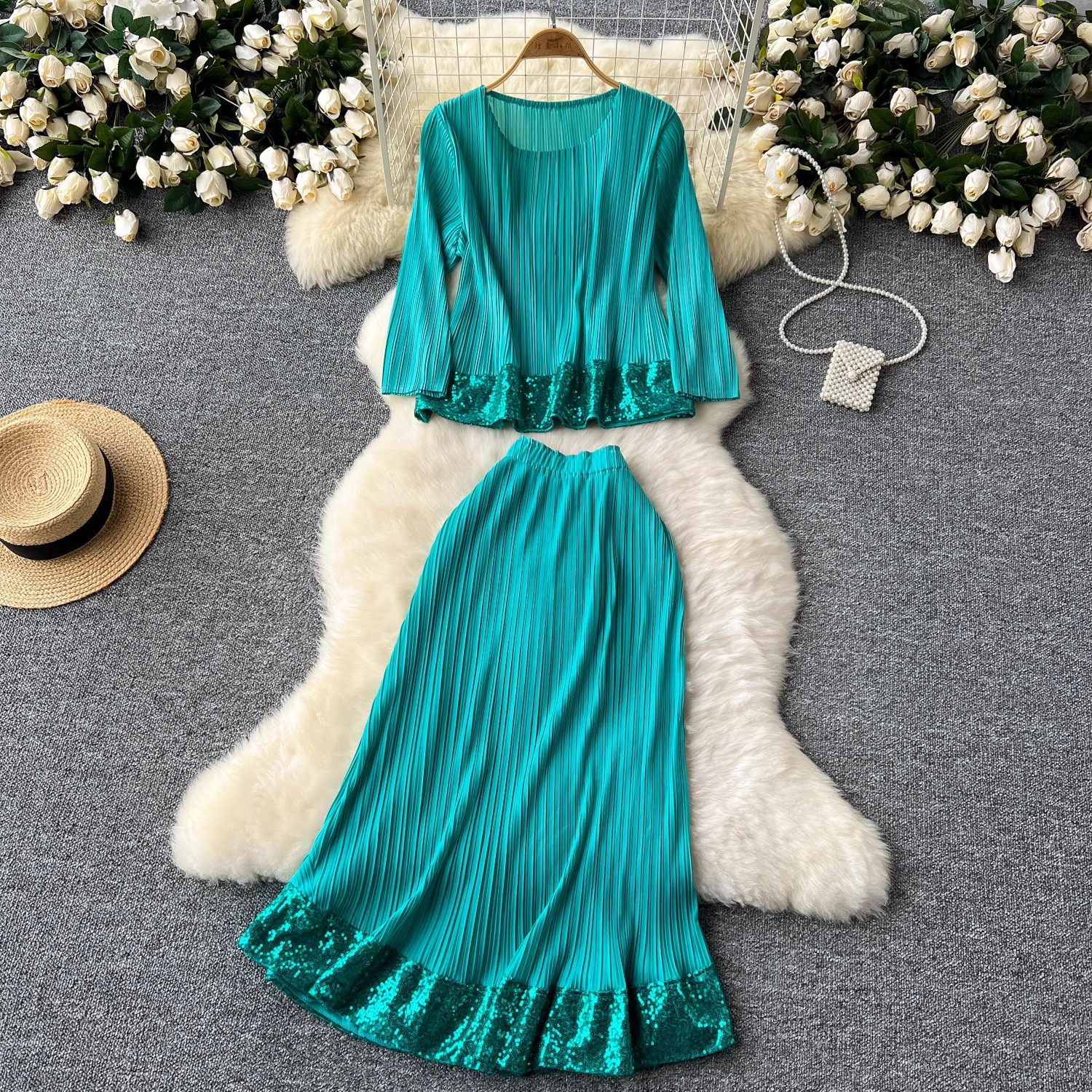 Women's high end stylish round neck three quarter sleeve sequin embroidered pleated top + high waist drape skirt suit_voghion.com