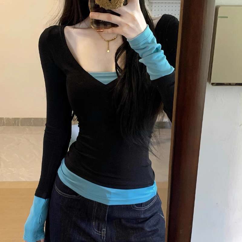 超手触りのモーダルvネックの偽の2つの色の長袖tシャツの女性の春夏の修身はやせています。|undefined
