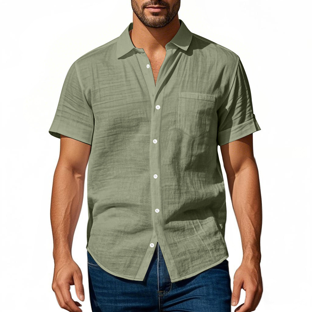 T-shirt homme en lin à col chemise manches courtes ample_voghion.com