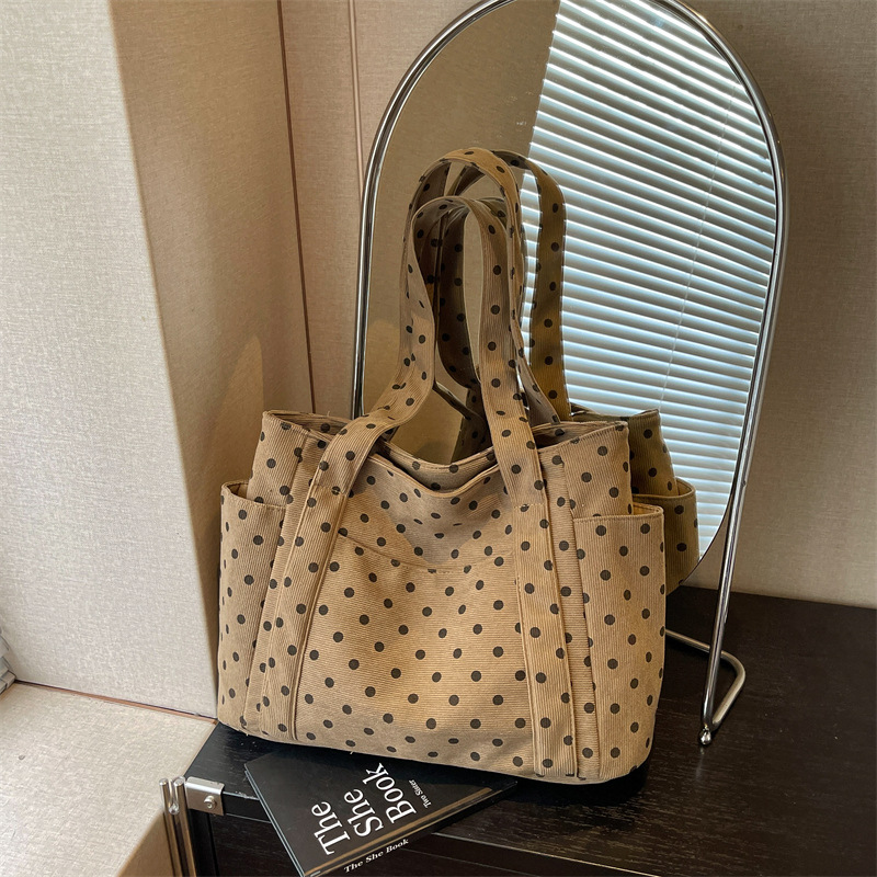 Cross-Border New Style Polka Dot Large-Capacity Shoulder Bag for Women, Versatile Commuting Corduroy Handbag, Casual Underarm Tote Bag