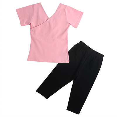 儿童舞蹈服女童短袖分体练功服交叉领舞蹈上衣春秋季服装衣服套装|ms