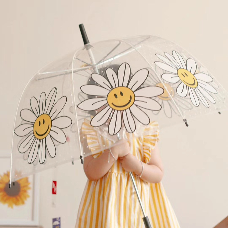 Children's Transparent Umbrella Ins Japanese and Korean Style Street Photography Daisy Smiley Face Arched Lightweight Fiber Umbrella with Logo Sun Umbrella Children's Transparent Umbrella Ins Japanese and Korean Style Street Photography Daisy Smiley Face Arched Lightweight Fiber Umbrella with Logo Sun Umbrella