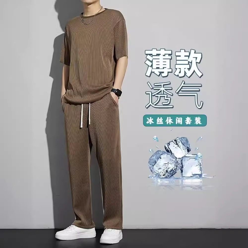Ice Silk Men's suit Summer Thin Loose Casual All-match Short-sleeved T-shirt Shorts Two-piece Set Quick-drying All-in-one Suit