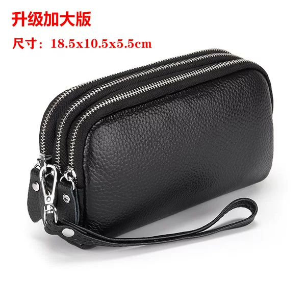 [enlarged version] cowhide women's clutch bag new three-layer zipper wrist bag leather mobile phone bag long wallet