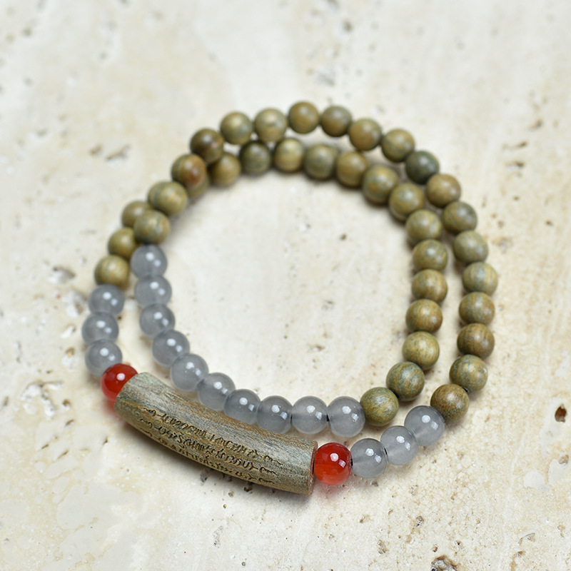 녹색 백단 이중 원형 레드 크리스탈 하프 팔찌